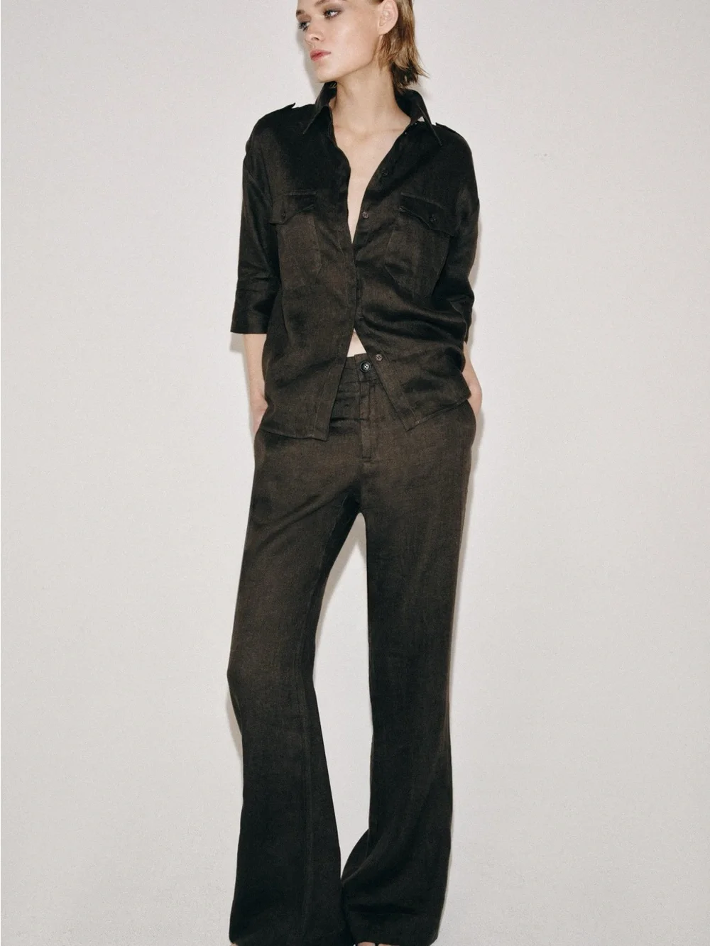 NWT Zara Relaxed Linen shirt Brown